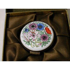Vintage English Halcyon Days Enamel Trinket Box With Floral Lid & Ship Interior